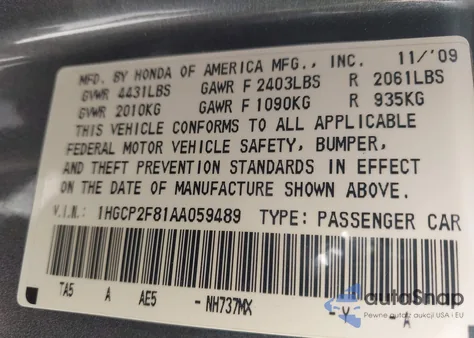 2010 Honda Accord 2.4 Ex-L z USA, uszkodzony, nr VIN 1HGCP2F81AA059489